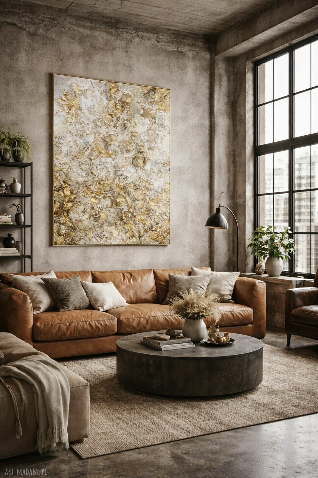 Ręcznie malowany obraz strukturalny 3D XXL - płaskorzeźba 70x100 cm, biel, krem i złoto