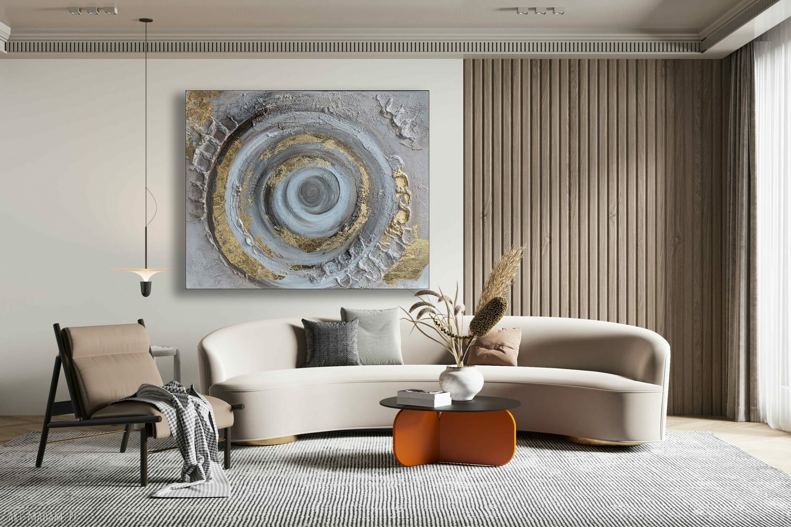 Ręcznie malowany obraz strukturalny 100x100 cm - beż, biel i złoto