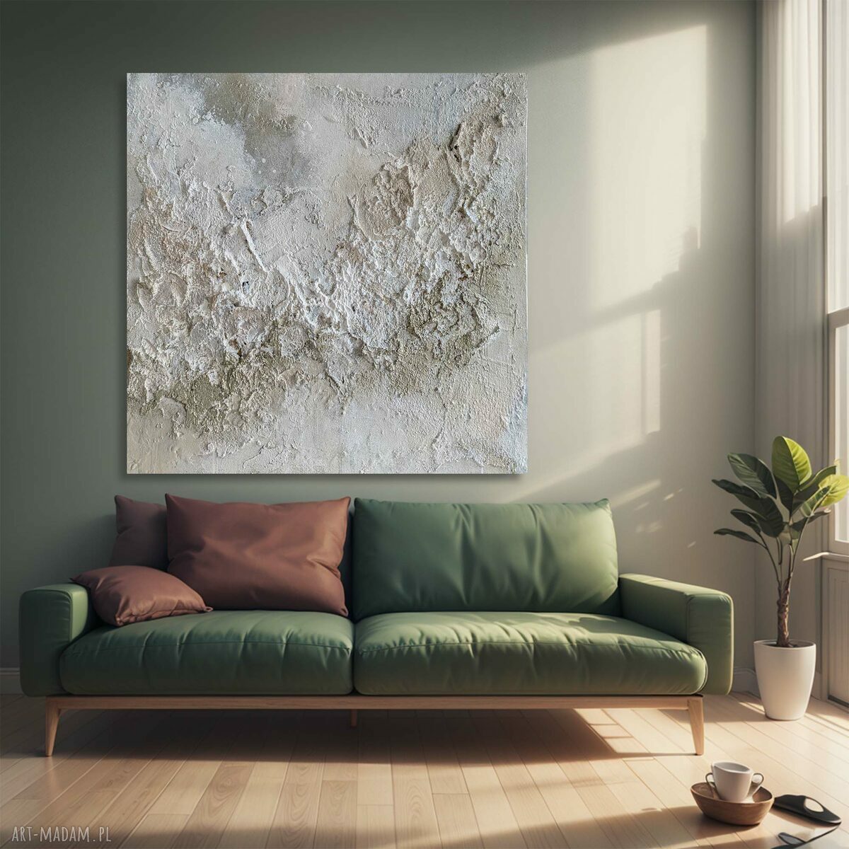 Ręcznie malowany obraz strukturalny 100x140 cm na płótnie - biel, beż i szampańskie złoto