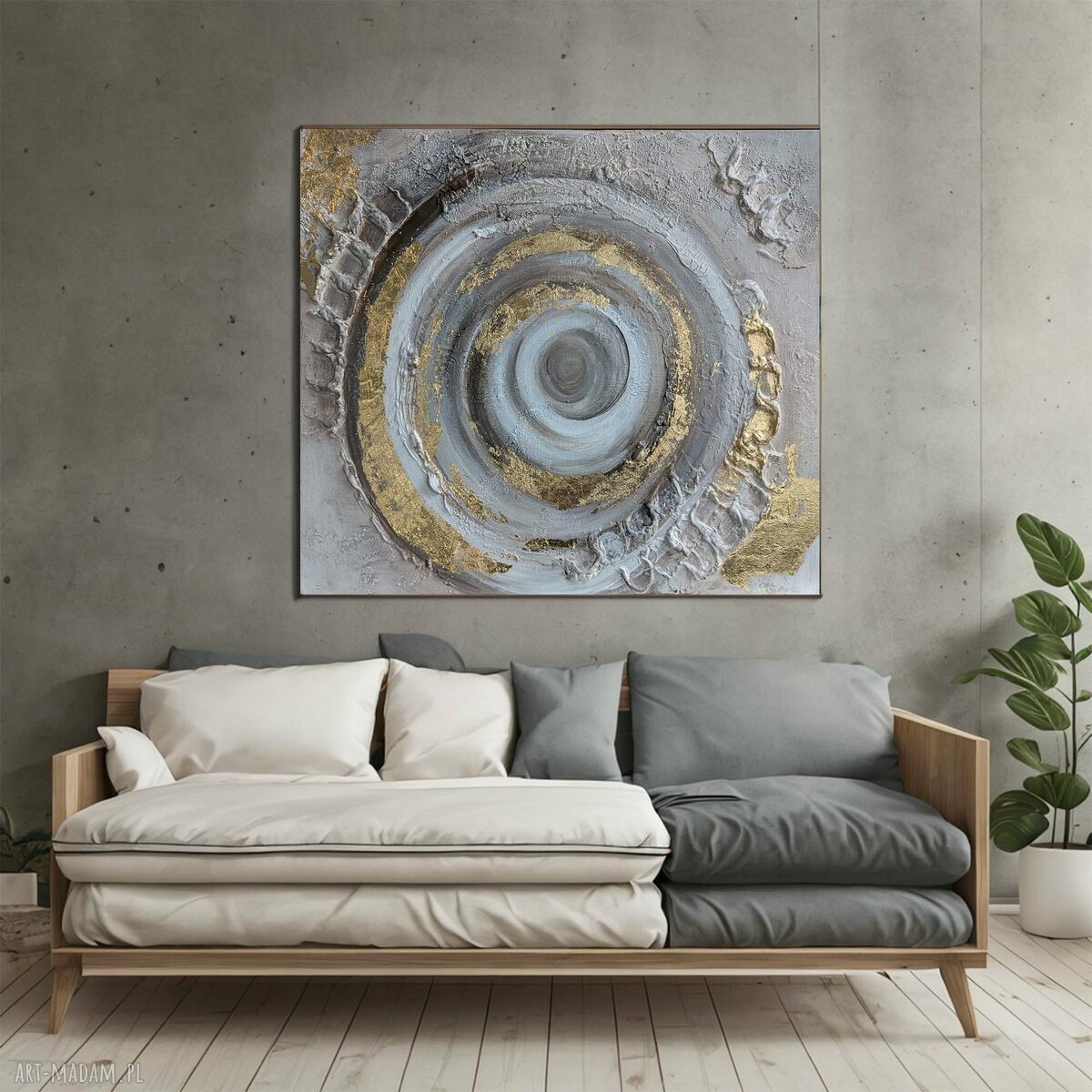 Ręcznie malowany obraz strukturalny 100x100 cm - beż, biel i złoto