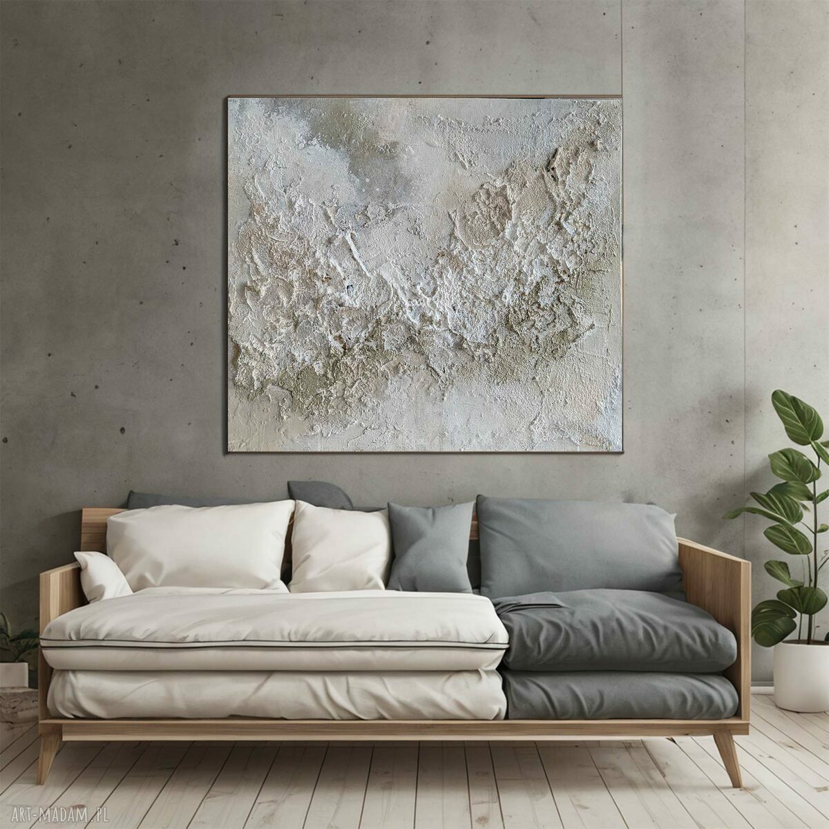 Ręcznie malowany obraz strukturalny 100x140 cm na płótnie - biel, beż i szampańskie złoto