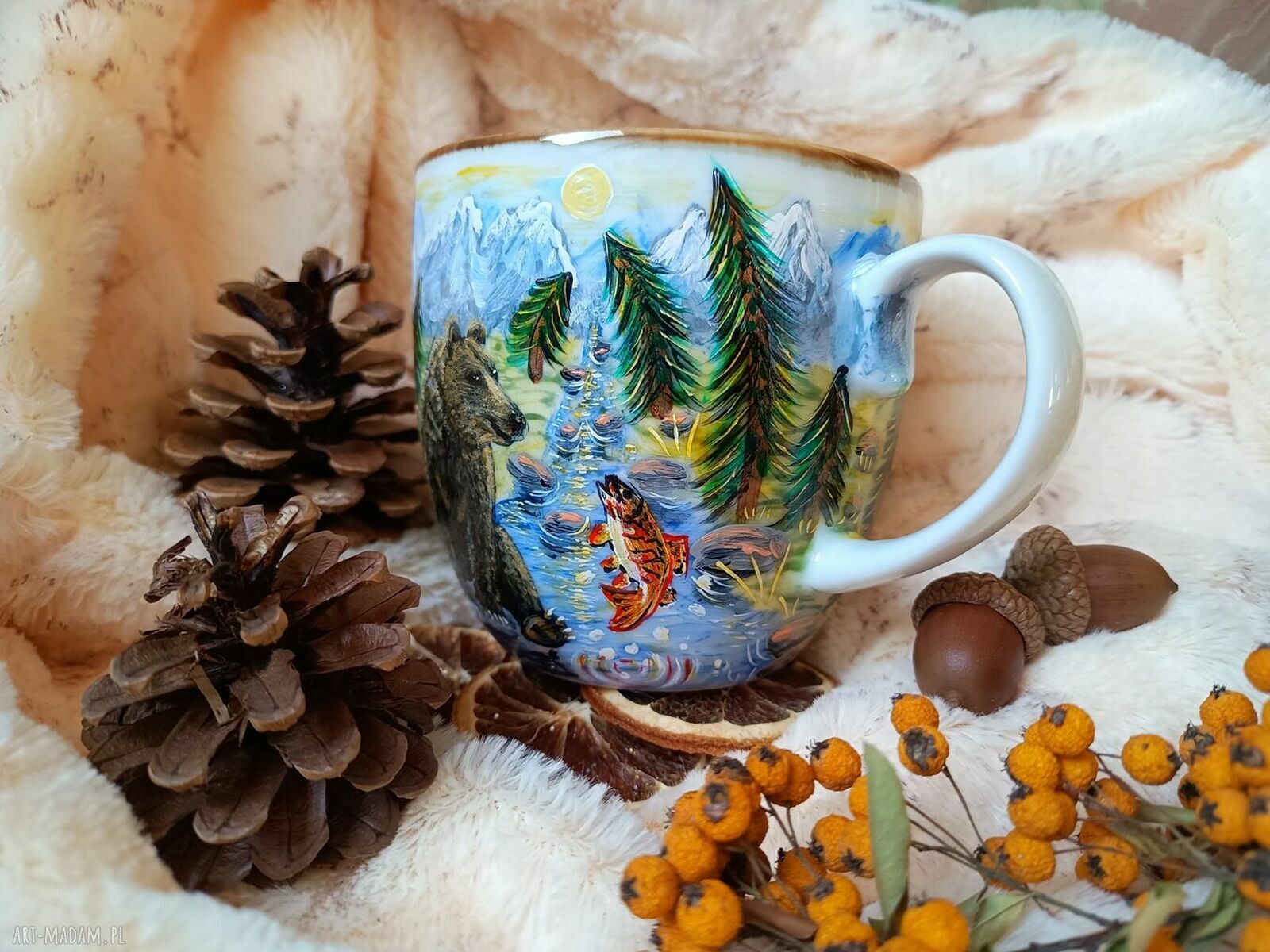 Ręcznie malowany kubek Niedźwiedź i Złota rybka "Spełnione marzenia" 480 ml