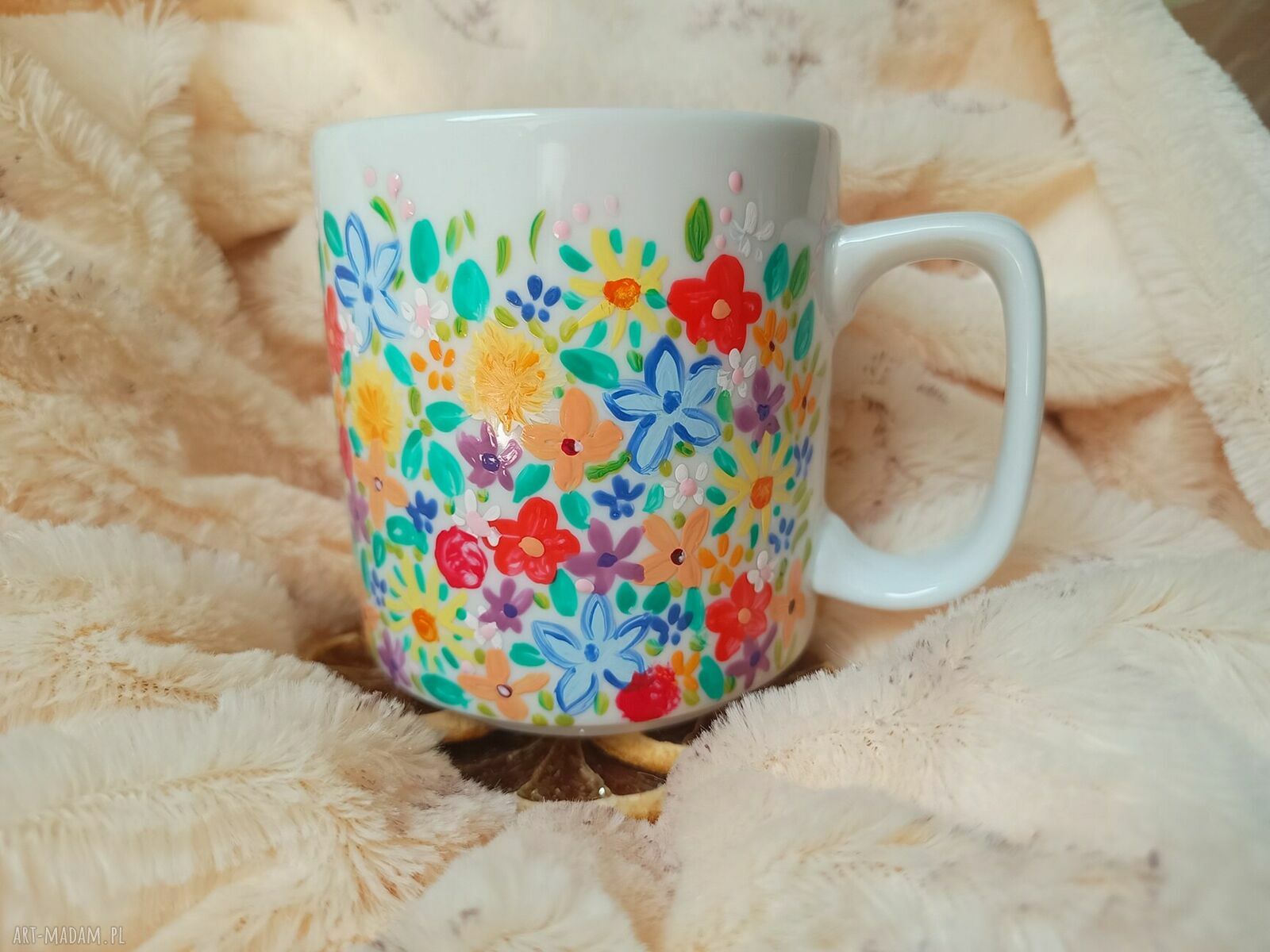 Energetyczny kwiatowy kubek ręcznie malowany z porcelany 270 ml