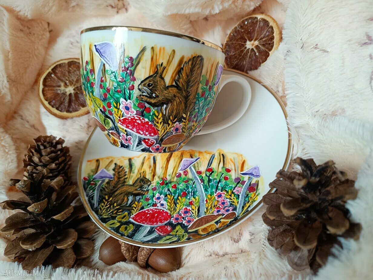 Komplet z leśnymi wiewiórkami 200 ml - ręcznie malowana porcelana