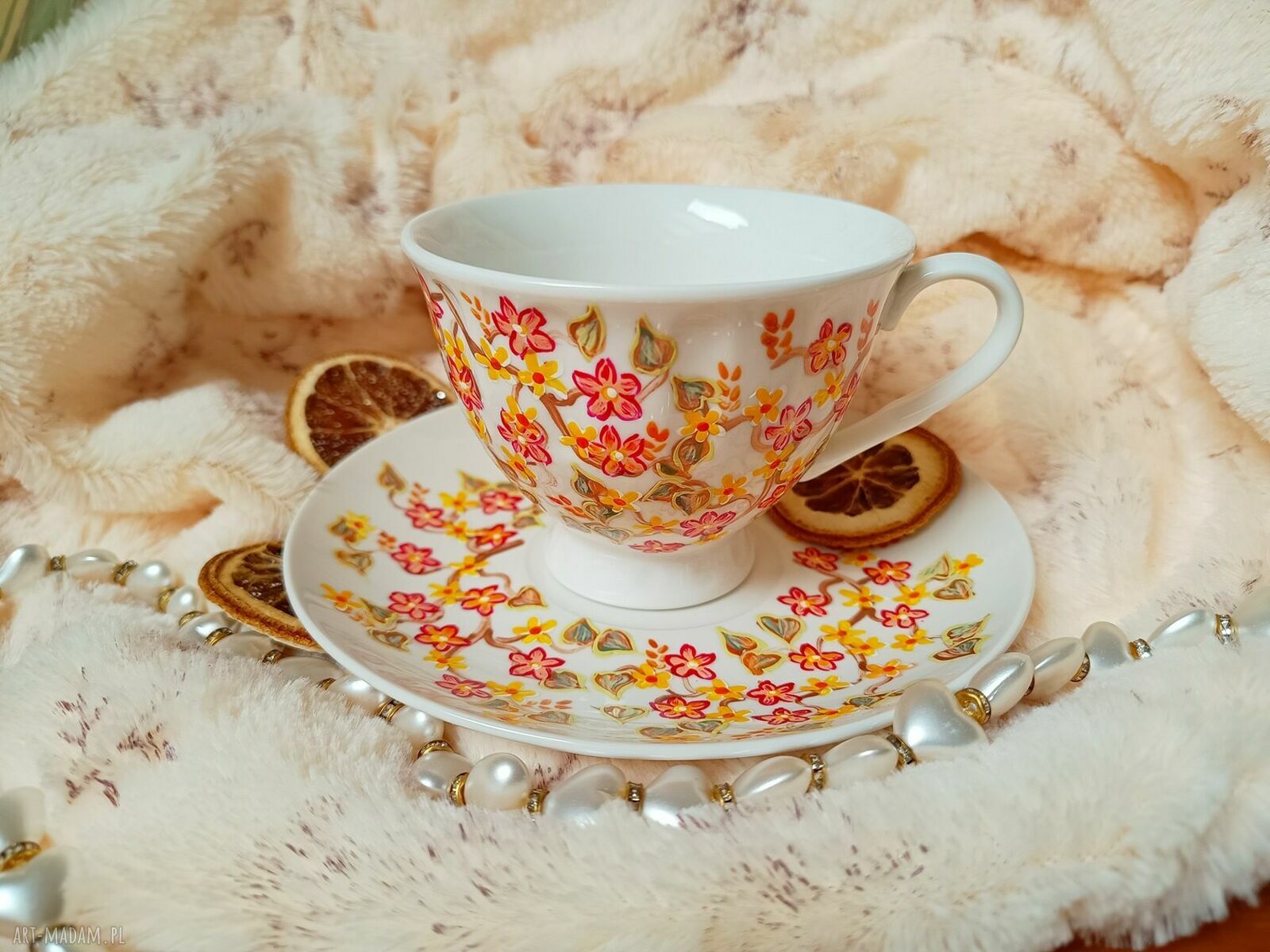 Ręcznie malowany komplet w kwiaty 200 ml z malowanej porcelany