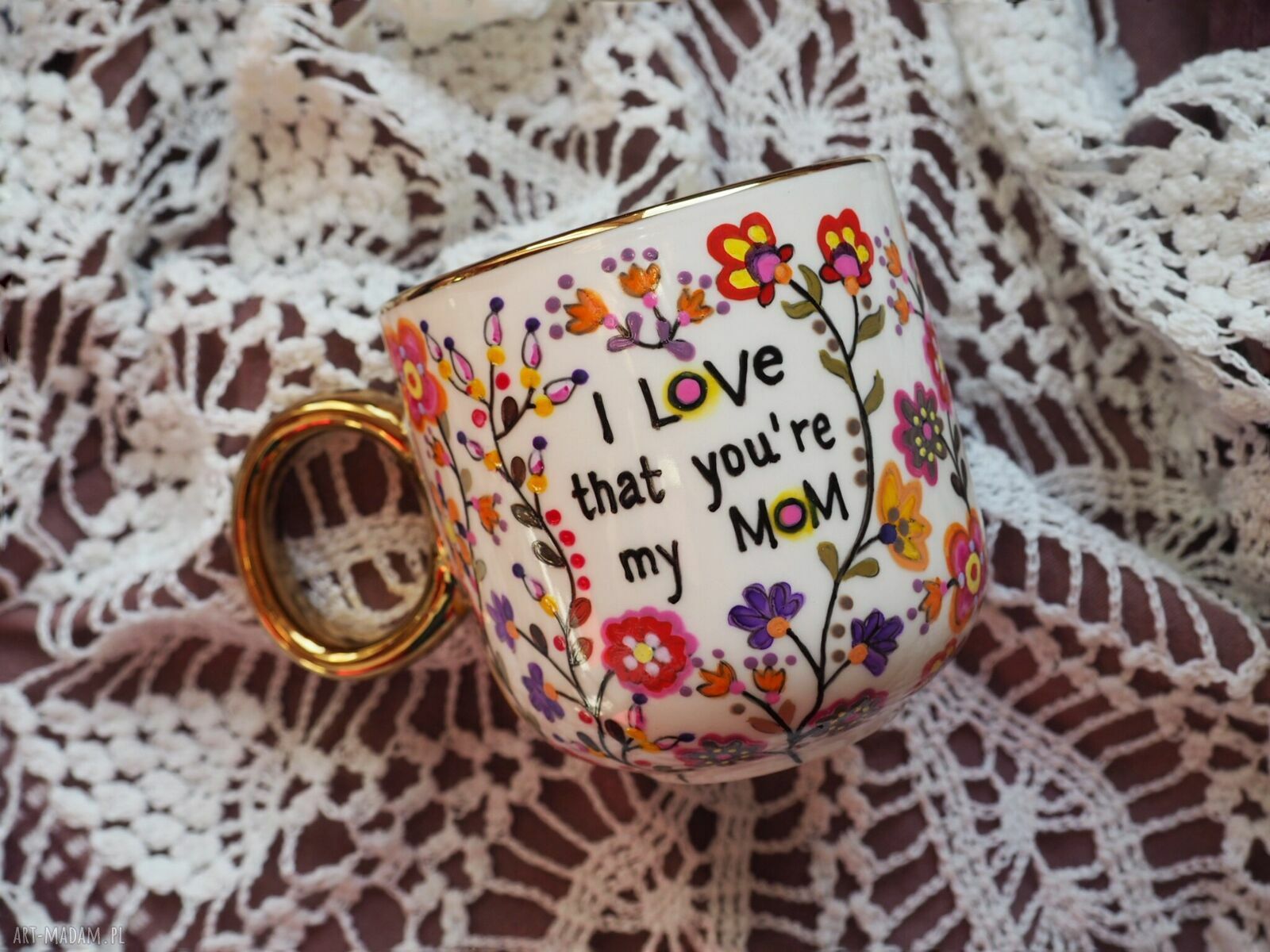Ręcznie malowany kubek dla Mamy Love Mom z malowanej porcelany