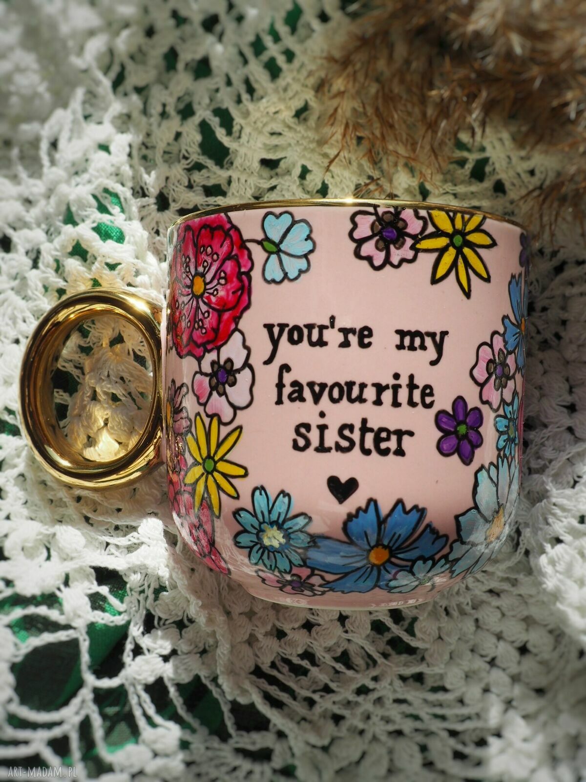 Ręcznie malowany kubek dla siostry - Sister, porcelana 380 ml