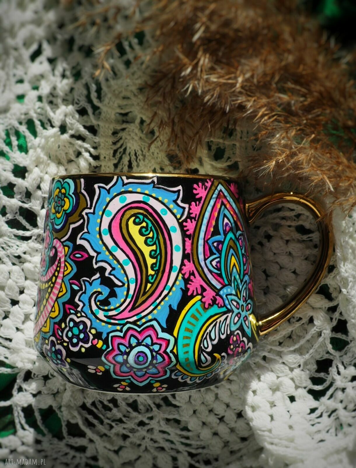 Ręcznie malowany kubek porcelanowy Paisley 460 ml