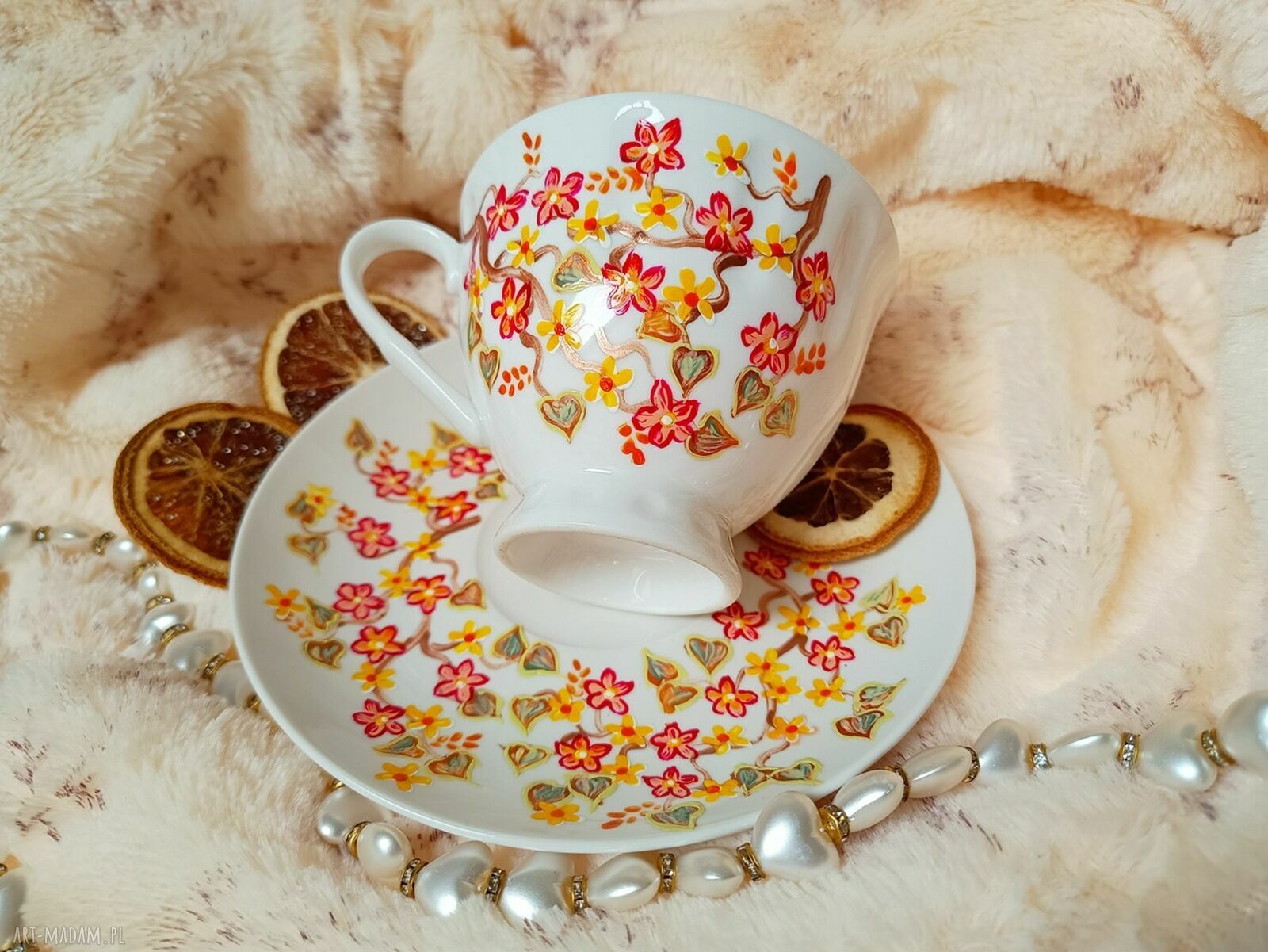 Ręcznie malowany komplet w kwiaty 200 ml z malowanej porcelany