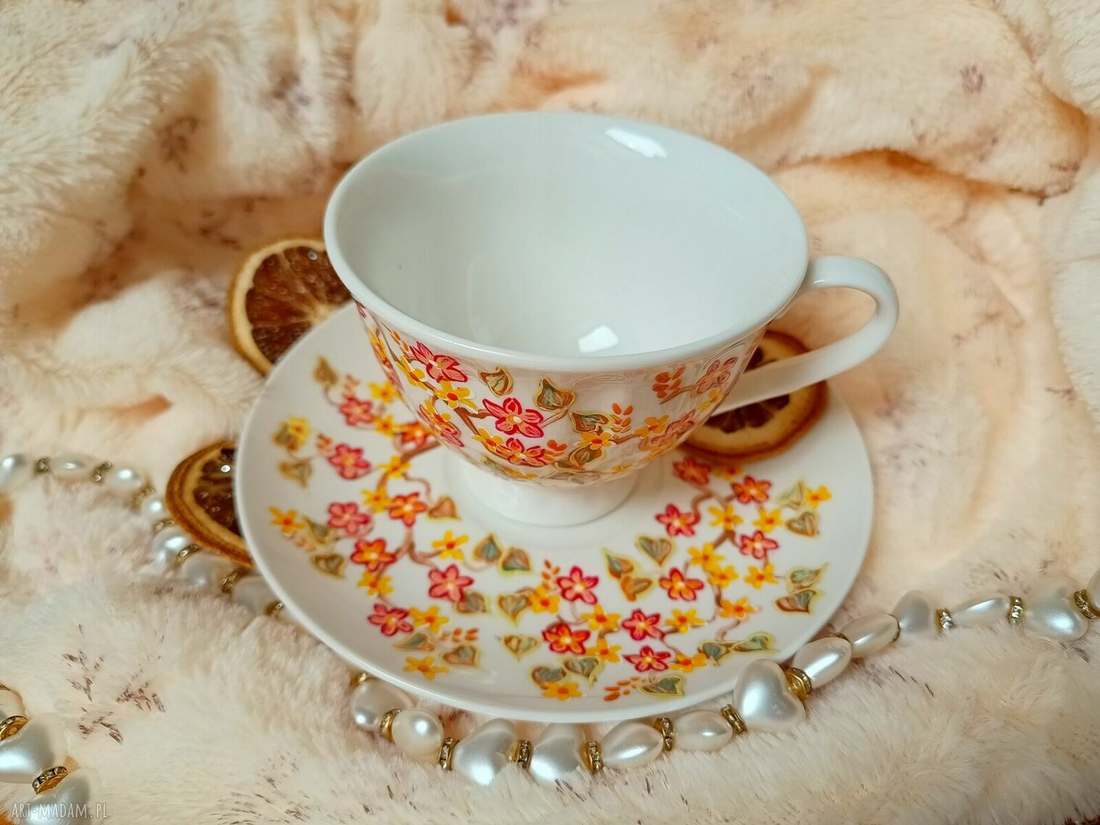 Ręcznie malowany komplet w kwiaty 200 ml z malowanej porcelany