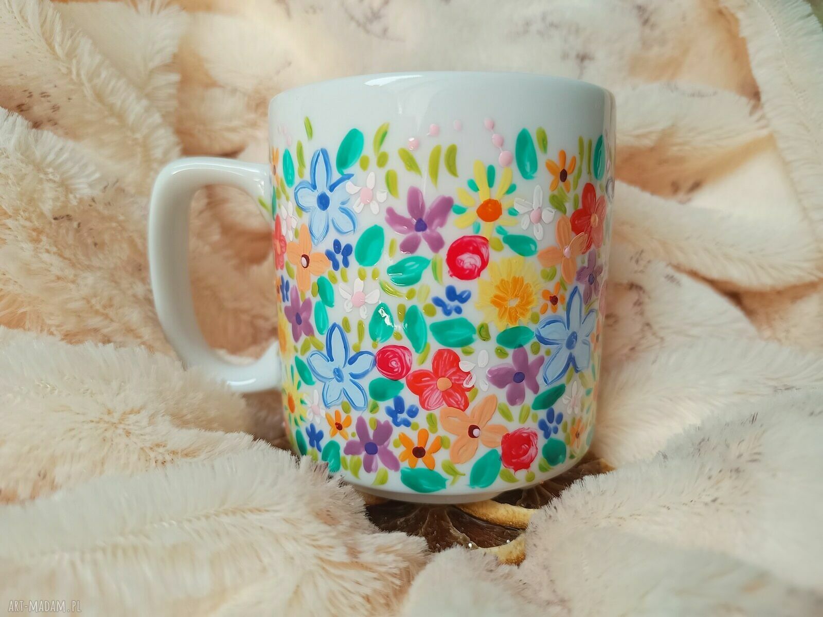Energetyczny kwiatowy kubek ręcznie malowany z porcelany 270 ml
