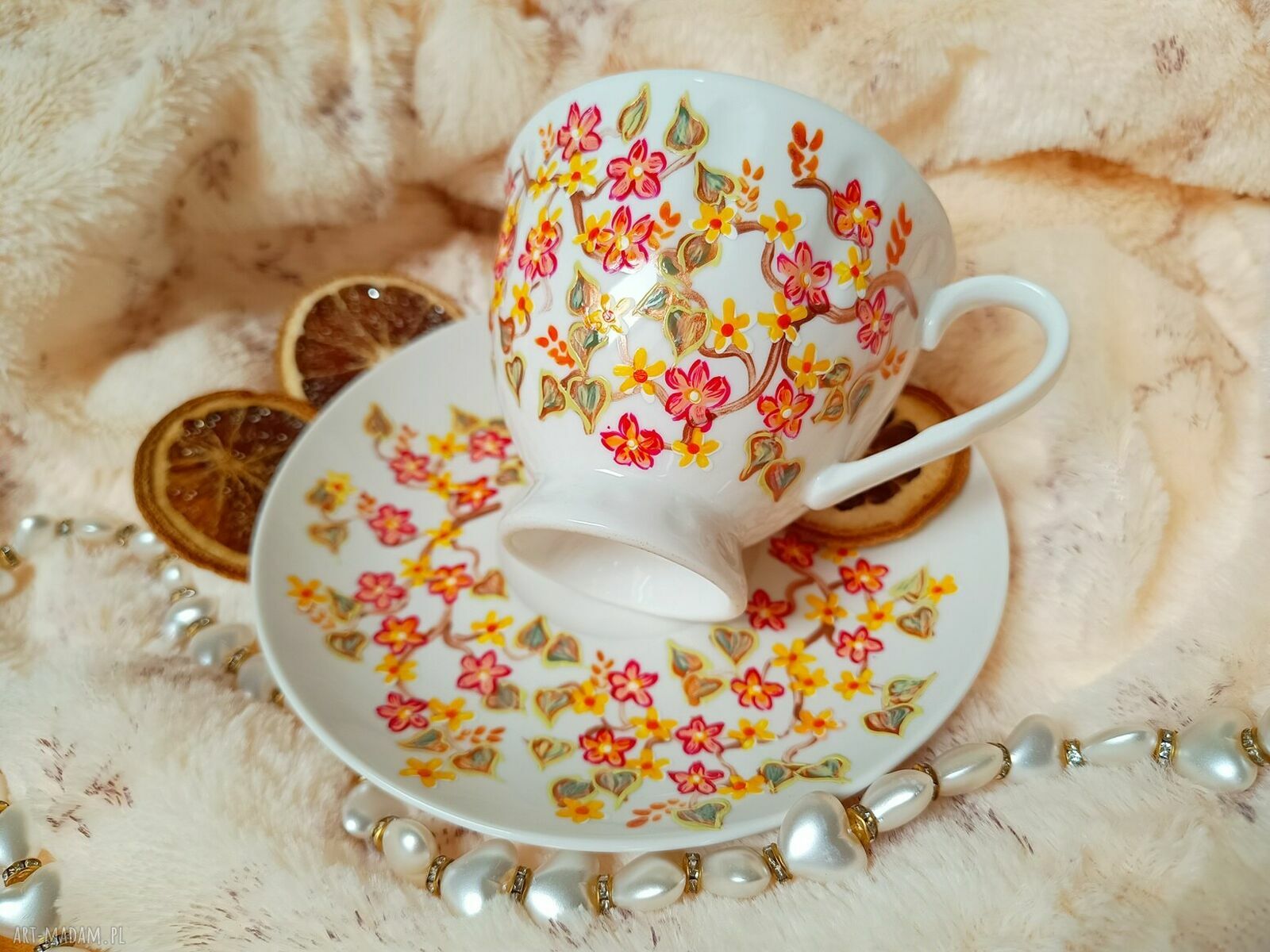 Ręcznie malowany komplet w kwiaty 200 ml z malowanej porcelany