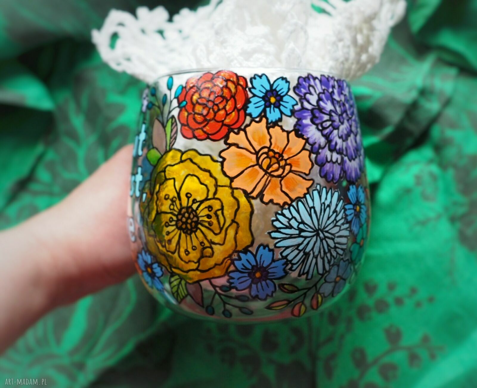 Ręcznie malowany szklany kubek LOVE blue 300 ml
