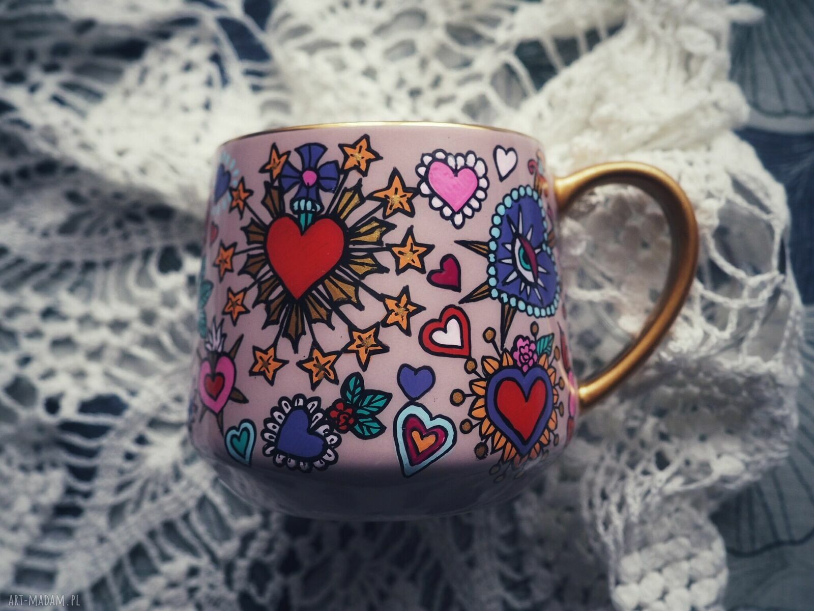 Ręcznie malowany kubek porcelanowy SERCE - prezent na Walentynki