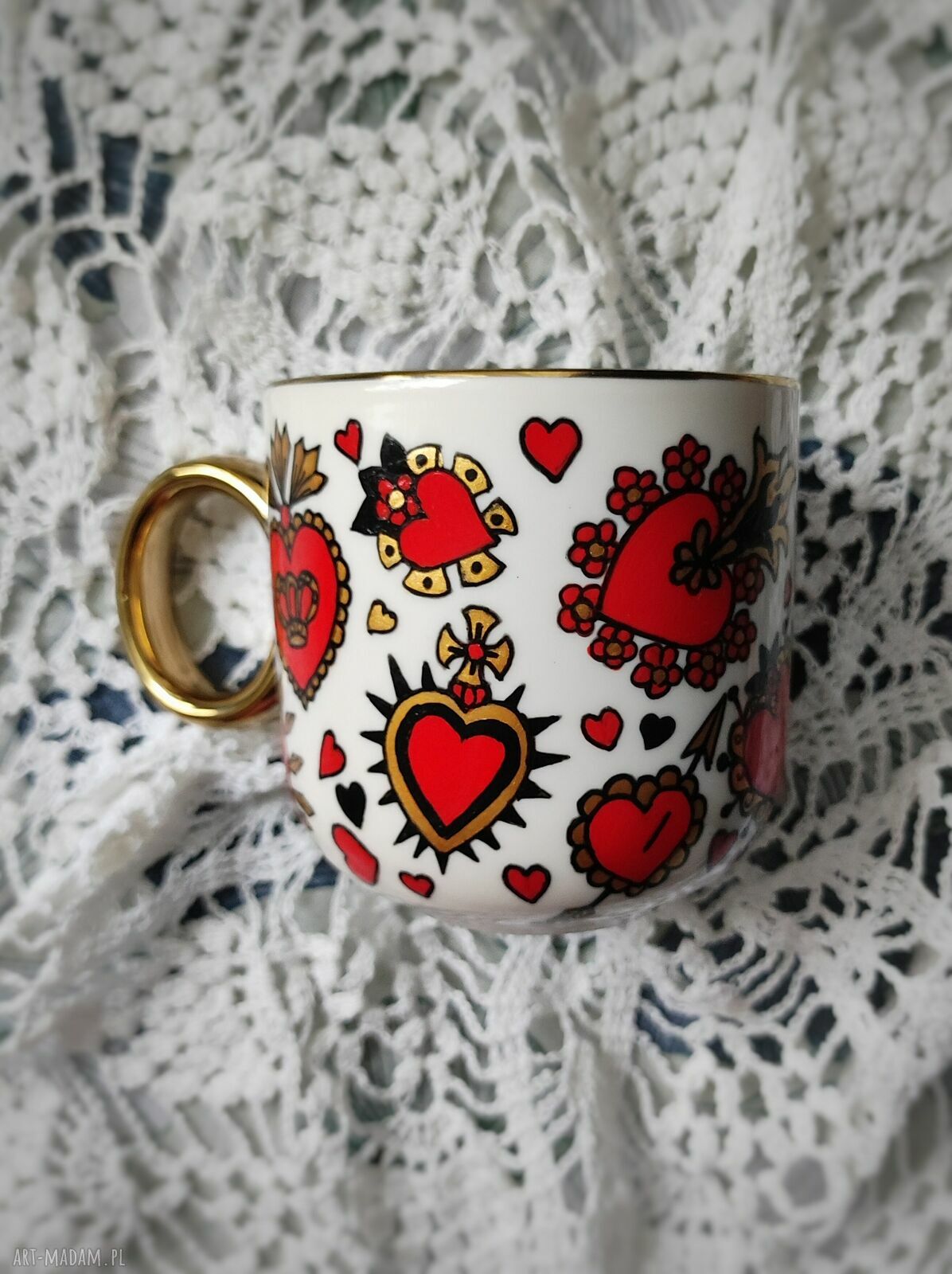 Ręcznie malowany kubek SERCE Hearts - porcelana 380 ml