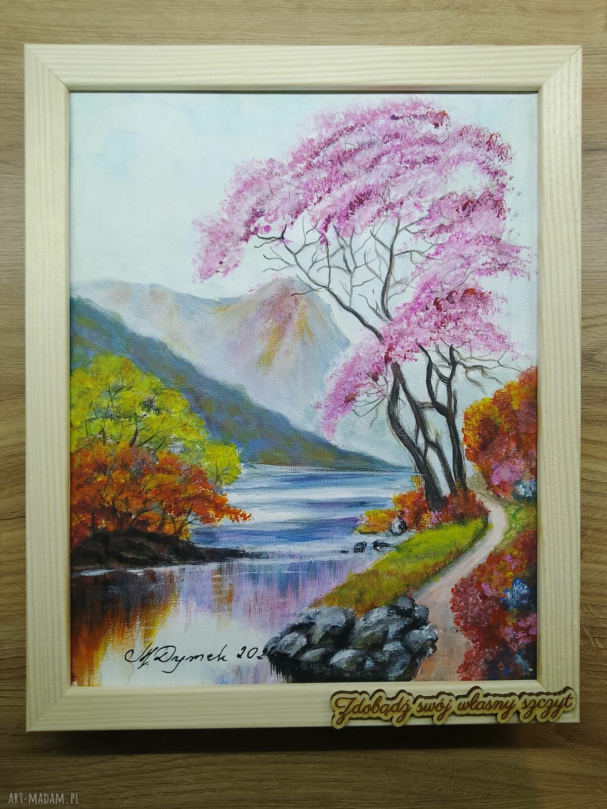 Ręcznie malowany obraz akrylowy z ramą i motywacyjnym mottem - „Taniec z barw” (30x24 cm)