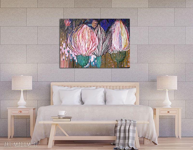 Ręcznie malowany obraz na płótnie - Nocny ogród (kwiaty), akryl 70x100 cm