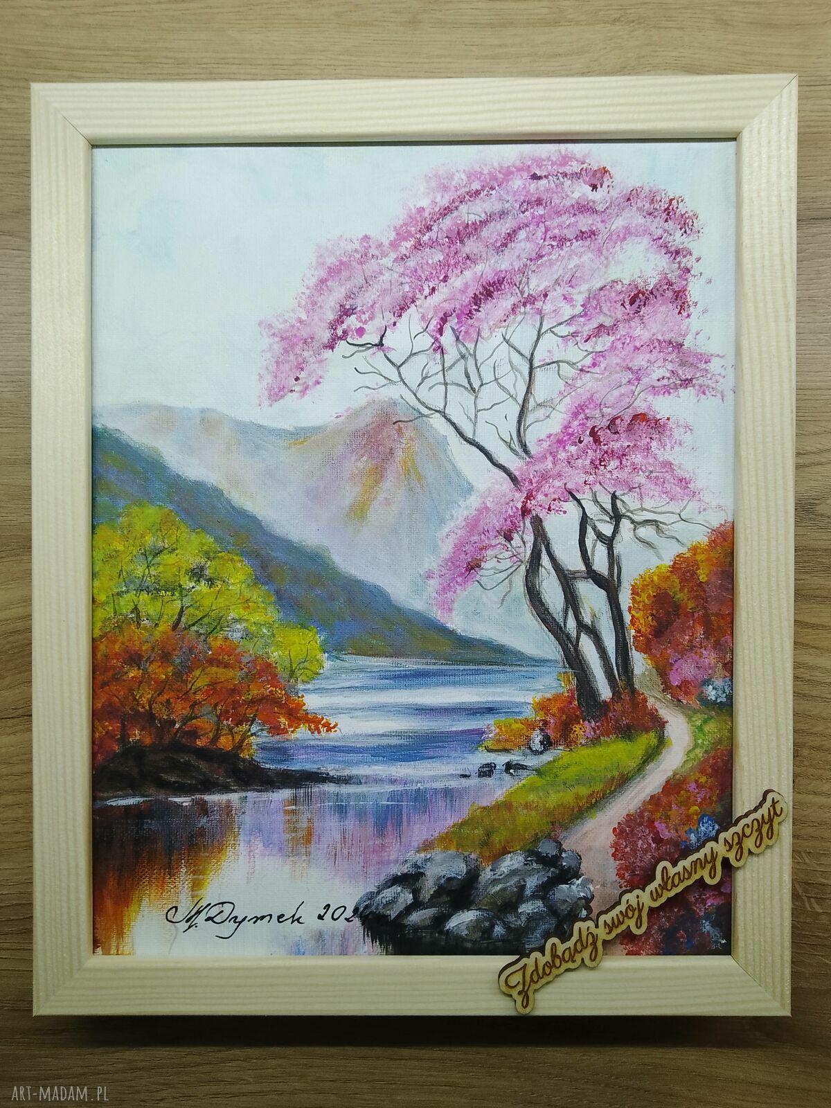Ręcznie malowany obraz akrylowy z ramą i motywacyjnym mottem - „Taniec z barw” (30x24 cm)