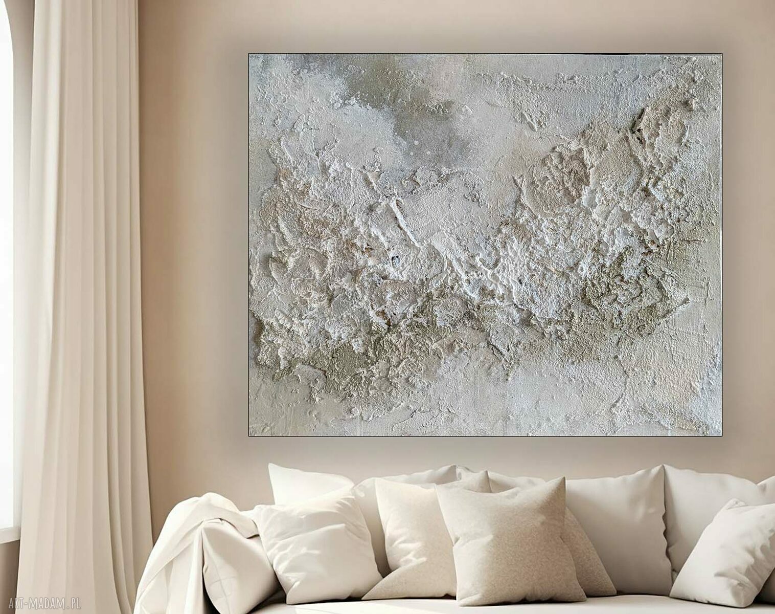 Ręcznie malowany obraz strukturalny 100x140 cm na płótnie - biel, beż i szampańskie złoto