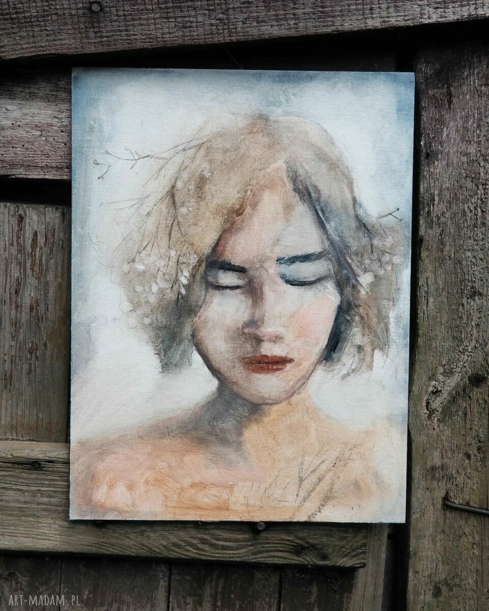Ręcznie malowany obraz olejny 'Wewnętrzne światło' - portret kobiety 30x40 cm