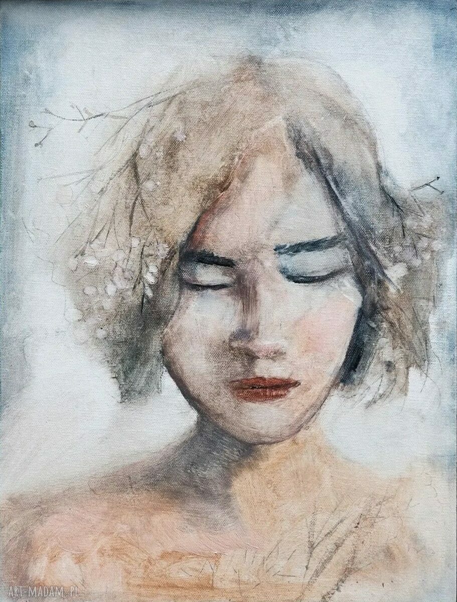Ręcznie malowany obraz olejny 'Wewnętrzne światło' - portret kobiety 30x40 cm