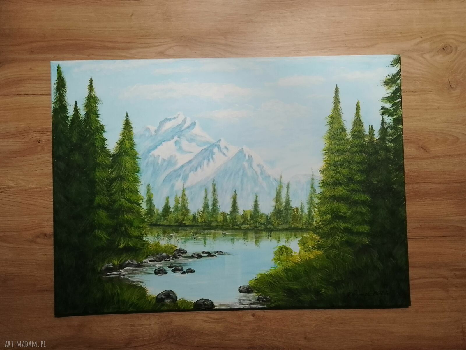 Ręcznie malowany obraz pejzaż „Za górami, za lasami” 50x70 cm