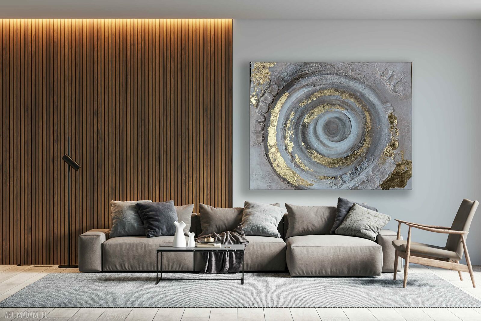 Ręcznie malowany obraz strukturalny 100x100 cm - beż, biel i złoto