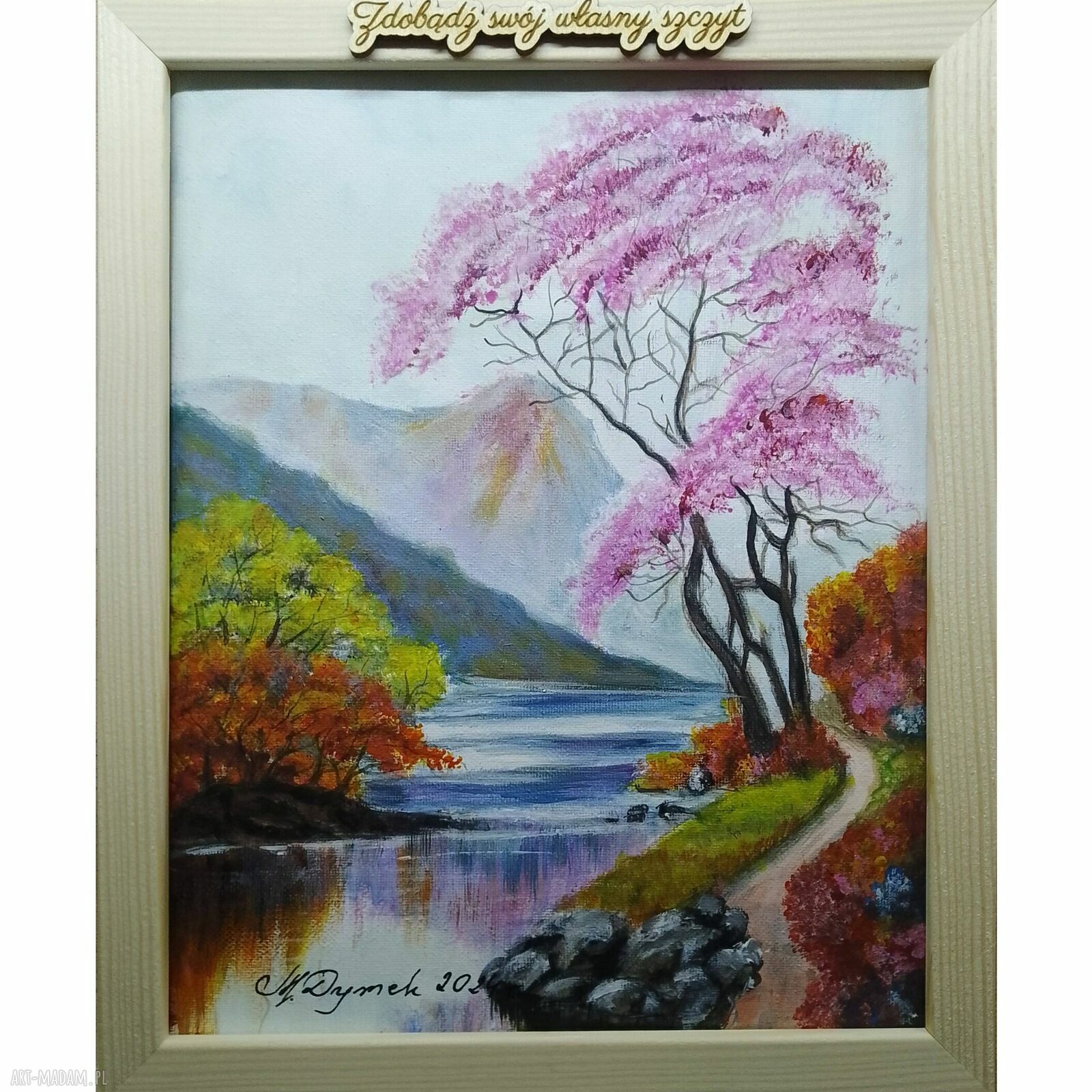 Ręcznie malowany obraz akrylowy z ramą i motywacyjnym mottem - „Taniec z barw” 30x24 cm