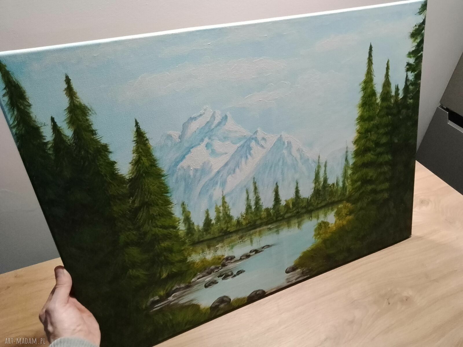 Ręcznie malowany obraz pejzaż „Za górami, za lasami” 50x70 cm