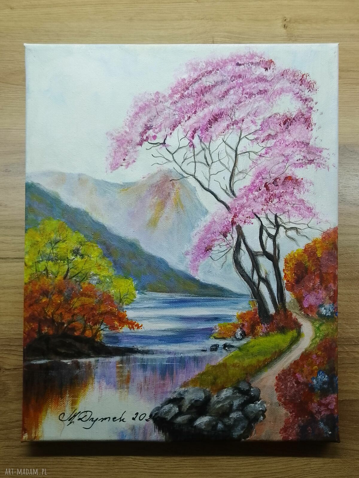 Ręcznie malowany obraz akrylowy z ramą i motywacyjnym mottem - „Taniec z barw” (30x24 cm)