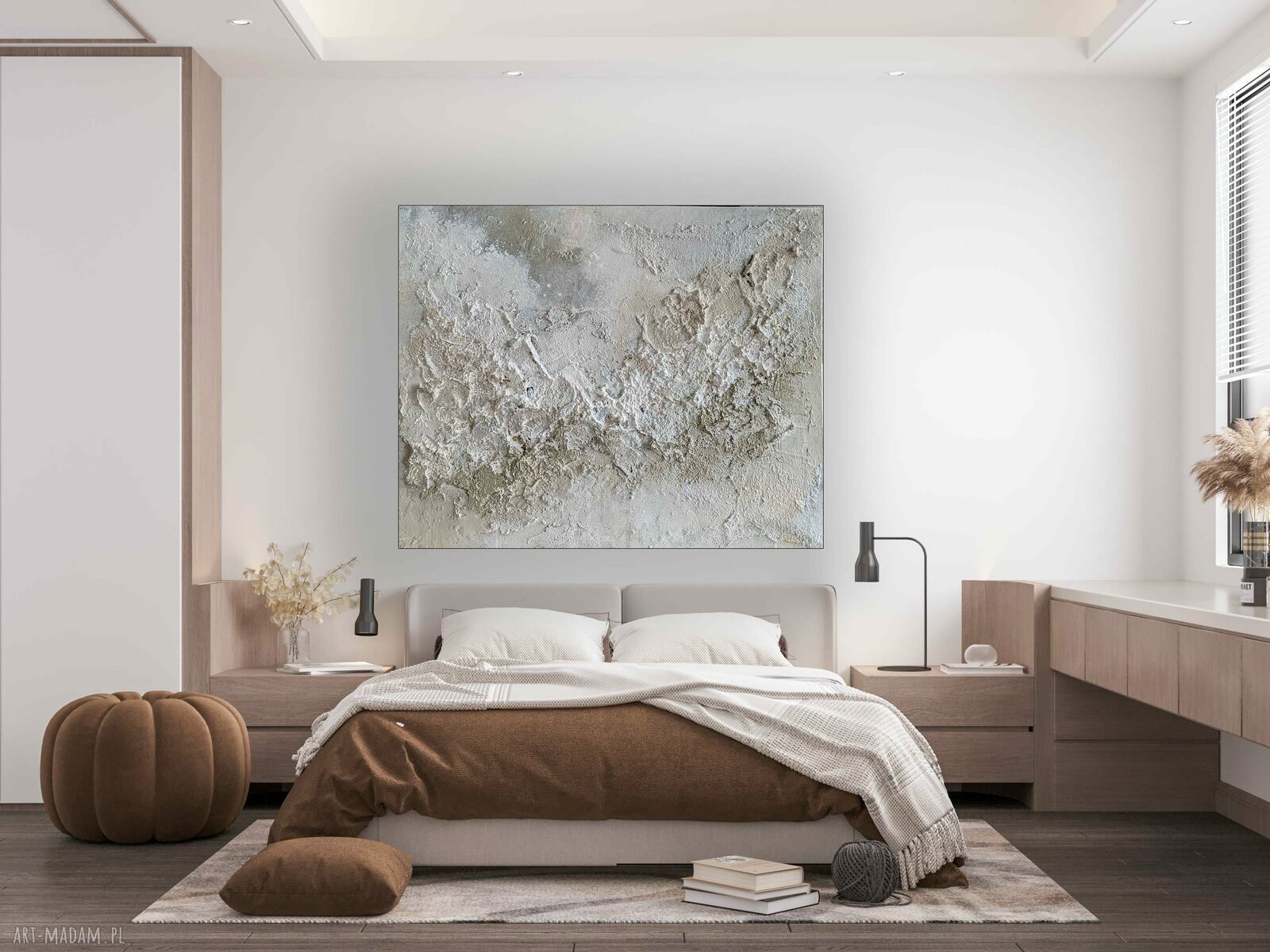 Ręcznie malowany obraz strukturalny 100x140 cm na płótnie - biel, beż i szampańskie złoto