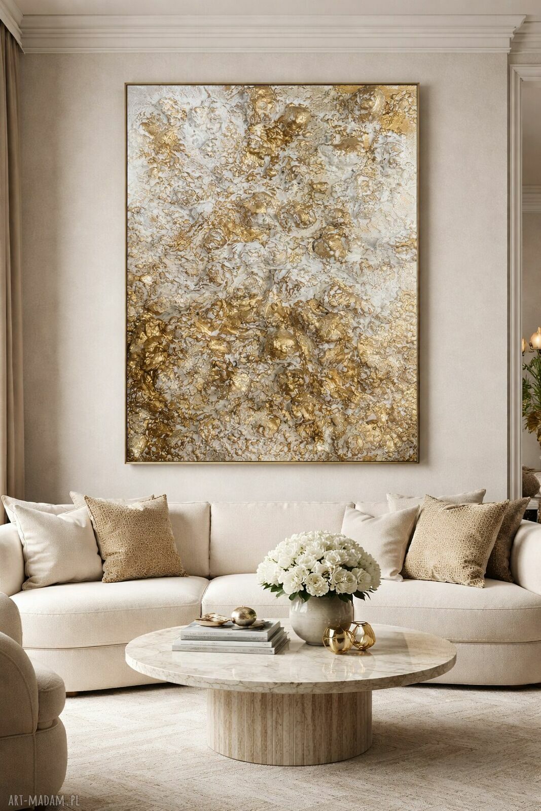 Ręcznie malowany obraz strukturalny 3D XXL - płaskorzeźba 70x100 cm, biel, krem i złoto
