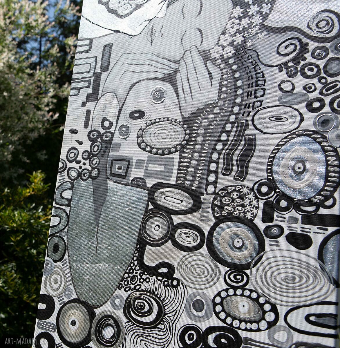 Ręcznie malowany srebrny Pocałunek Klimta 45x90 cm