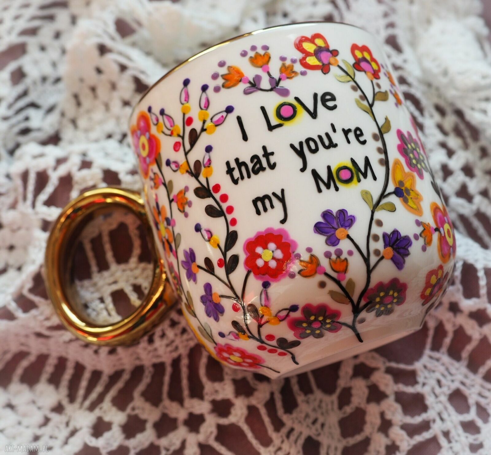Ręcznie malowany kubek dla Mamy Love Mom z malowanej porcelany
