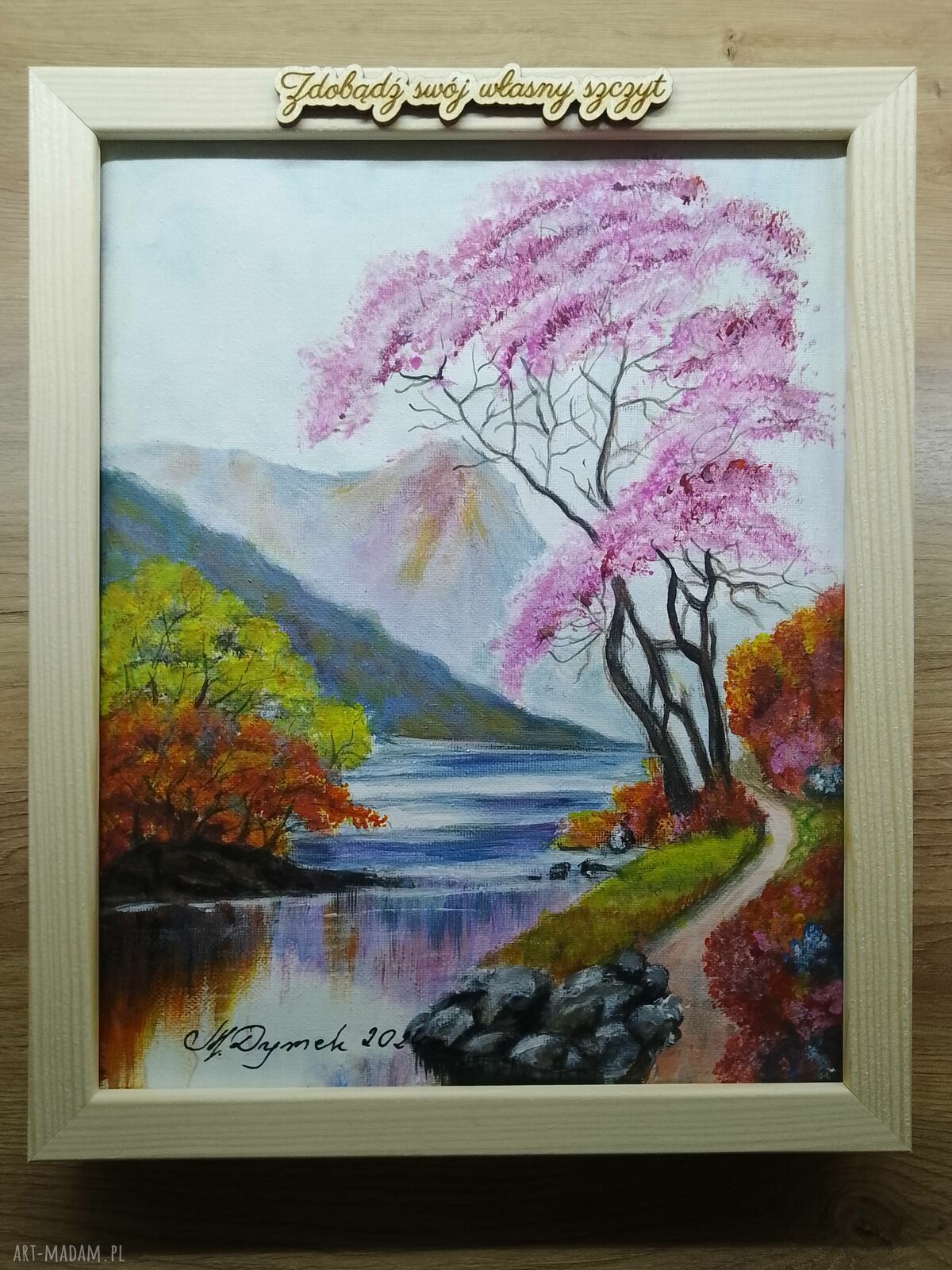 Ręcznie malowany obraz akrylowy z ramą i motywacyjnym mottem - „Taniec z barw” (30x24 cm)