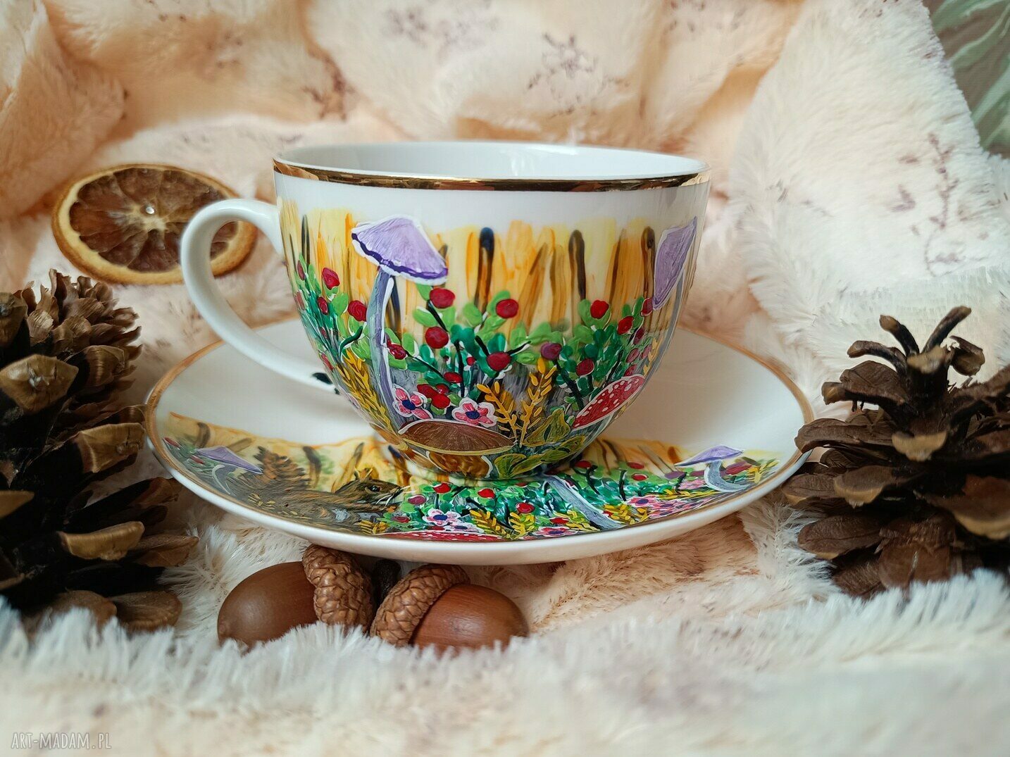 Komplet z leśnymi wiewiórkami 200 ml - ręcznie malowana porcelana