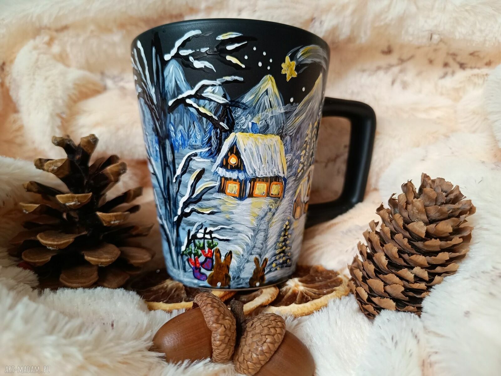 Zimowy kubek 300 ml - ręcznie malowana porcelana, prezent dla niej
