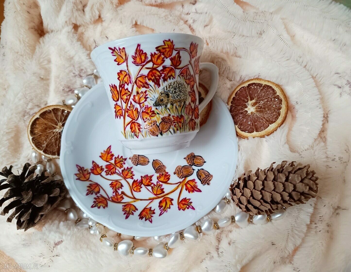 Ręcznie malowany komplet jesień z jeżem 250 ml