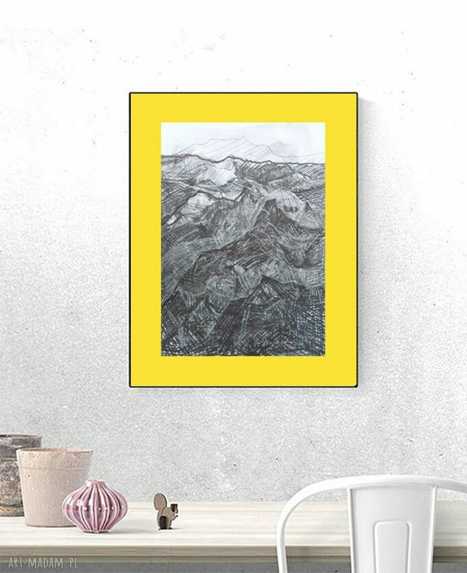 Ręcznie malowany pejzaż z górami żółto-szara grafika 30x40 (do oprawy)