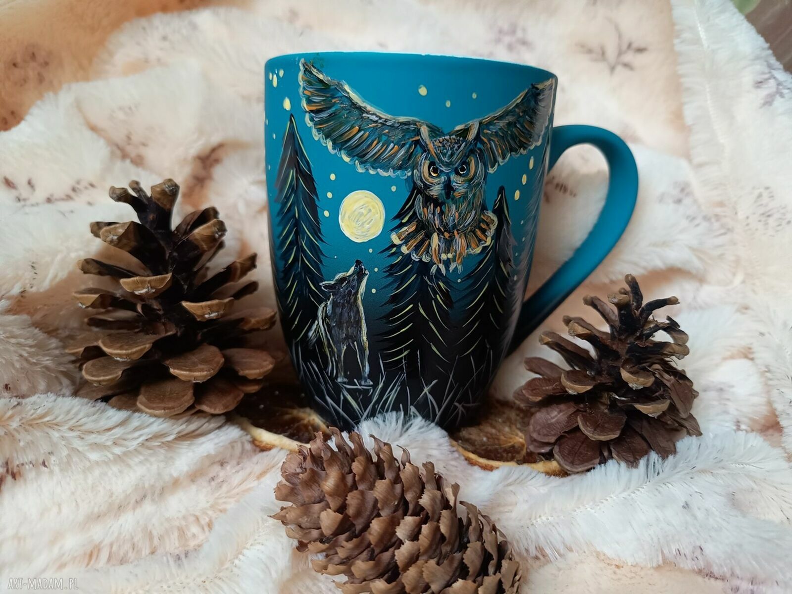 Sowa i wilk w pełni księżyca - ręcznie malowany kubek porcelanowy 300 ml