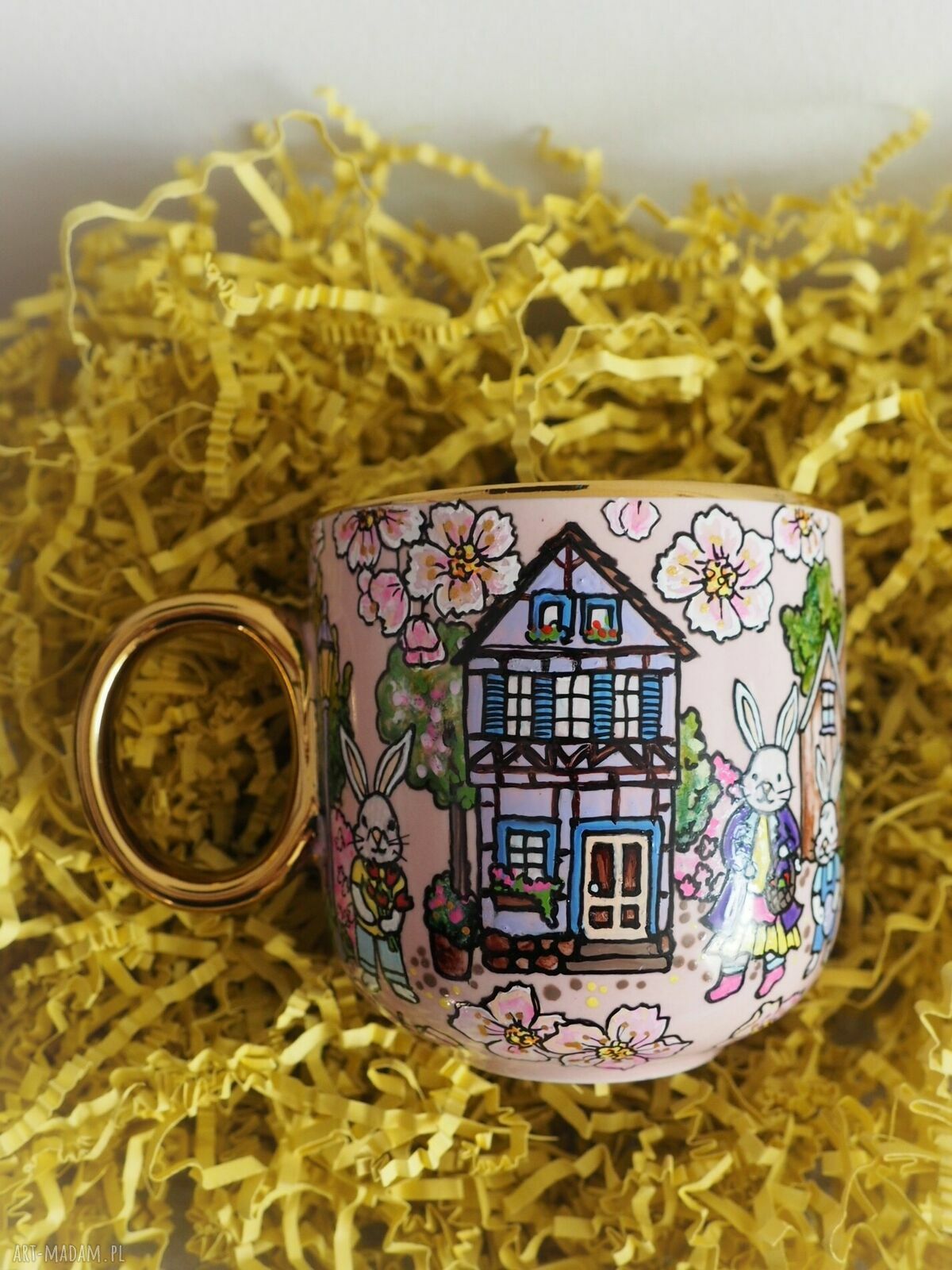 Wielkanocny kubek Króliki - ręcznie malowana porcelana 380 ml