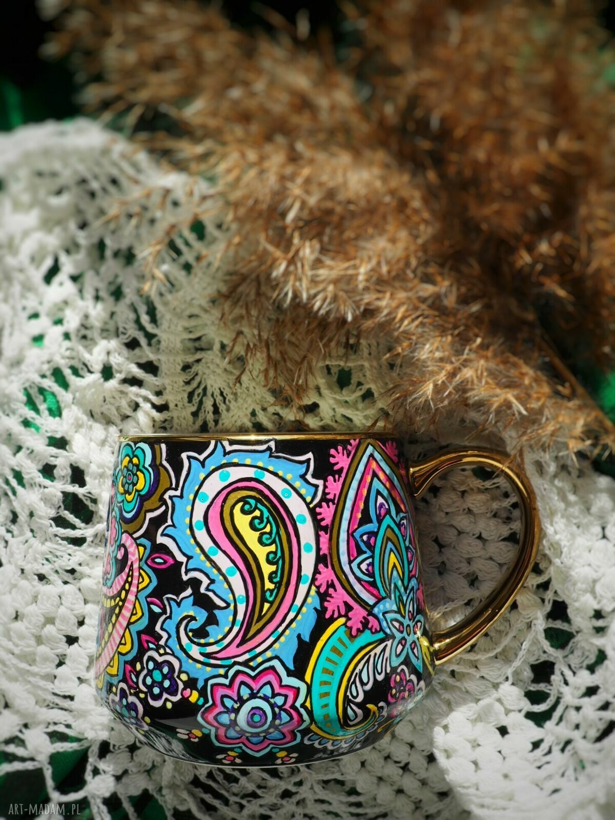 Ręcznie malowany kubek porcelanowy Paisley (460 ml)