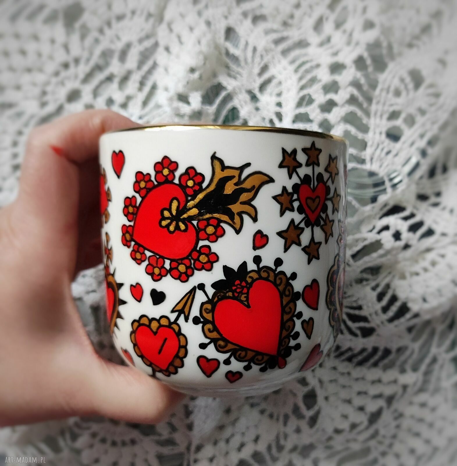 Ręcznie malowany kubek SERCE Hearts - porcelana 380 ml