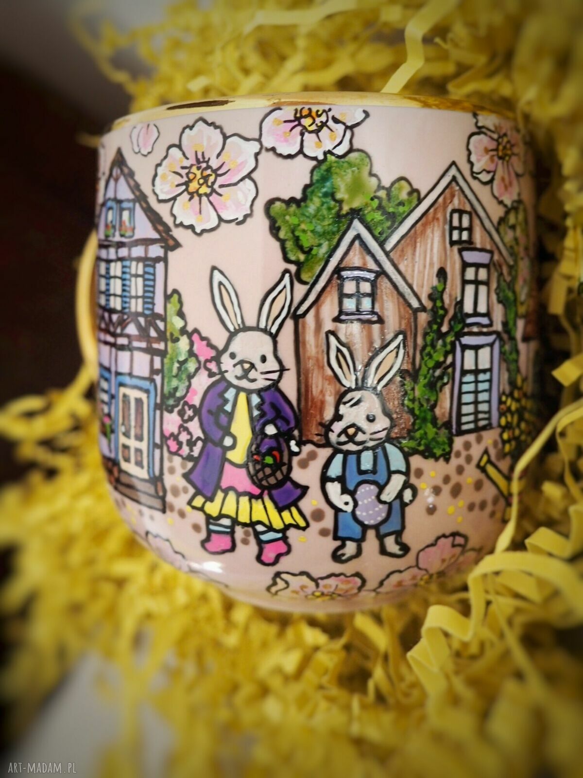 Wielkanocny kubek Króliki - ręcznie malowana porcelana 380 ml