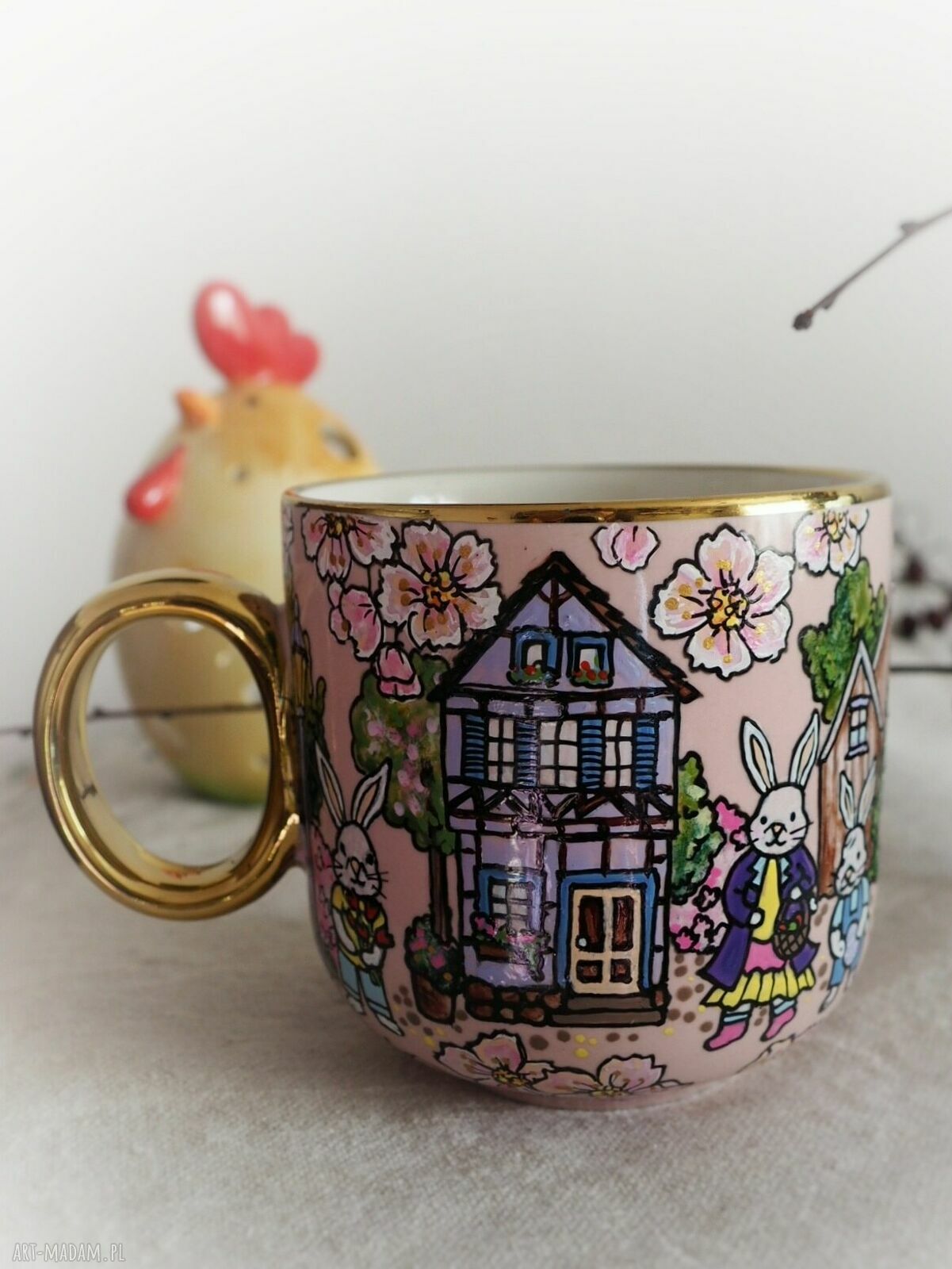 Wielkanocny kubek Króliki - ręcznie malowana porcelana 380 ml