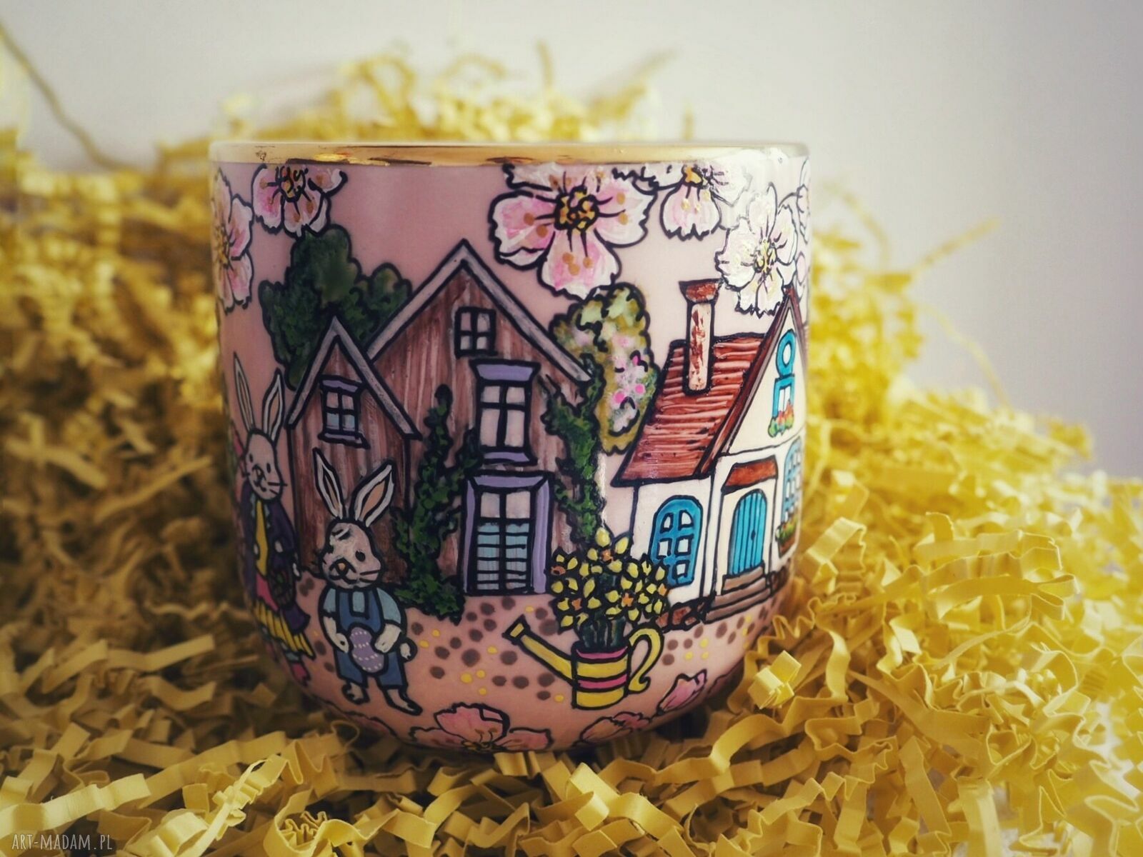 Wielkanocny kubek Króliki - ręcznie malowana porcelana 380 ml