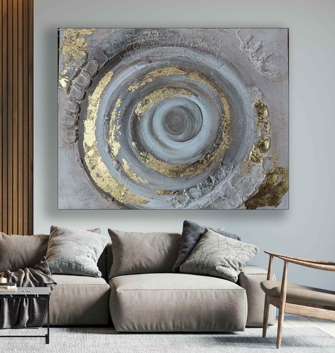 Ręcznie malowany obraz strukturalny 100x100 cm - beż, biel i złoto