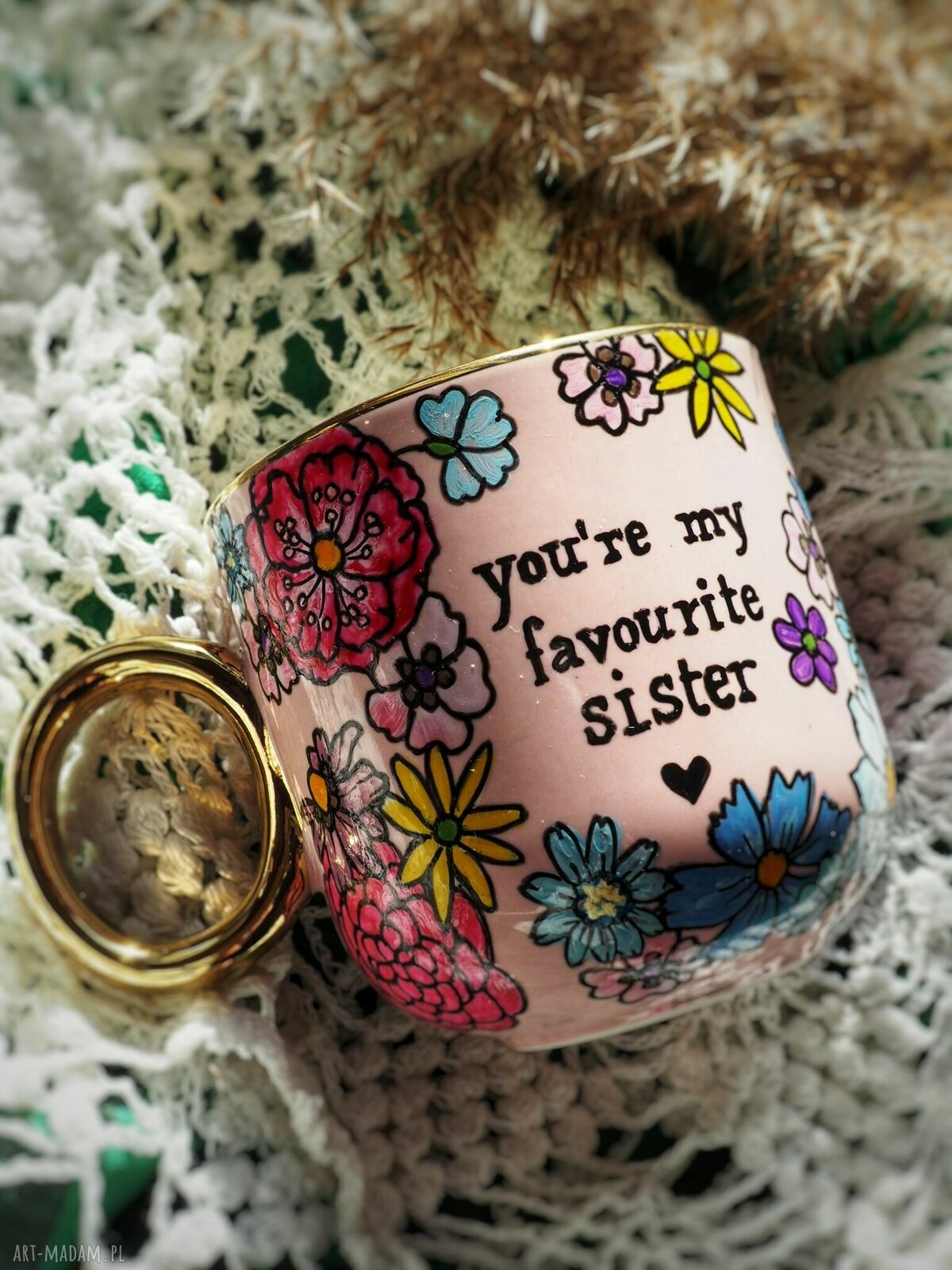 Ręcznie malowany kubek dla siostry - Sister, porcelana 380 ml