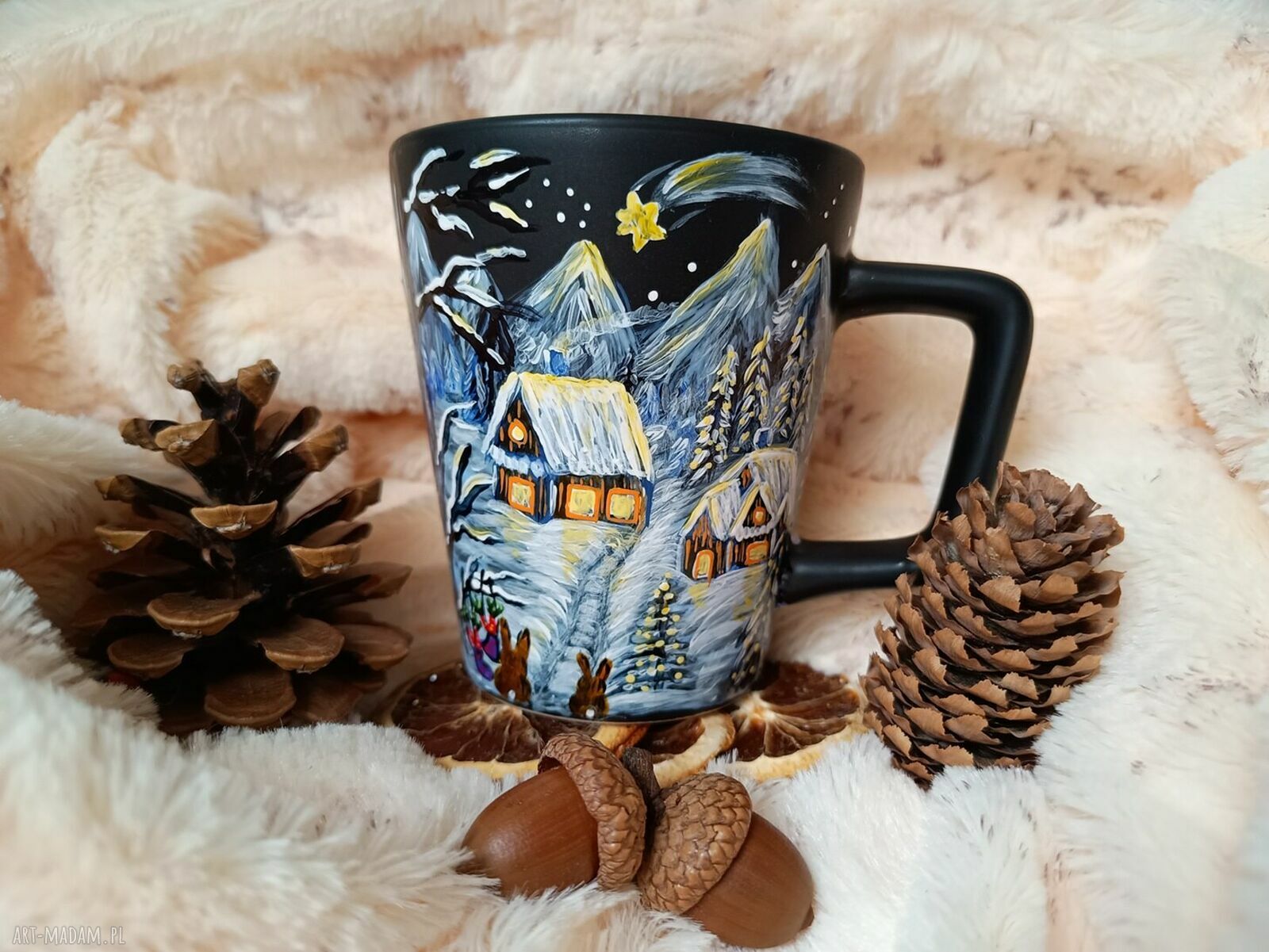 Zimowy kubek 300 ml - ręcznie malowana porcelana, prezent dla niej