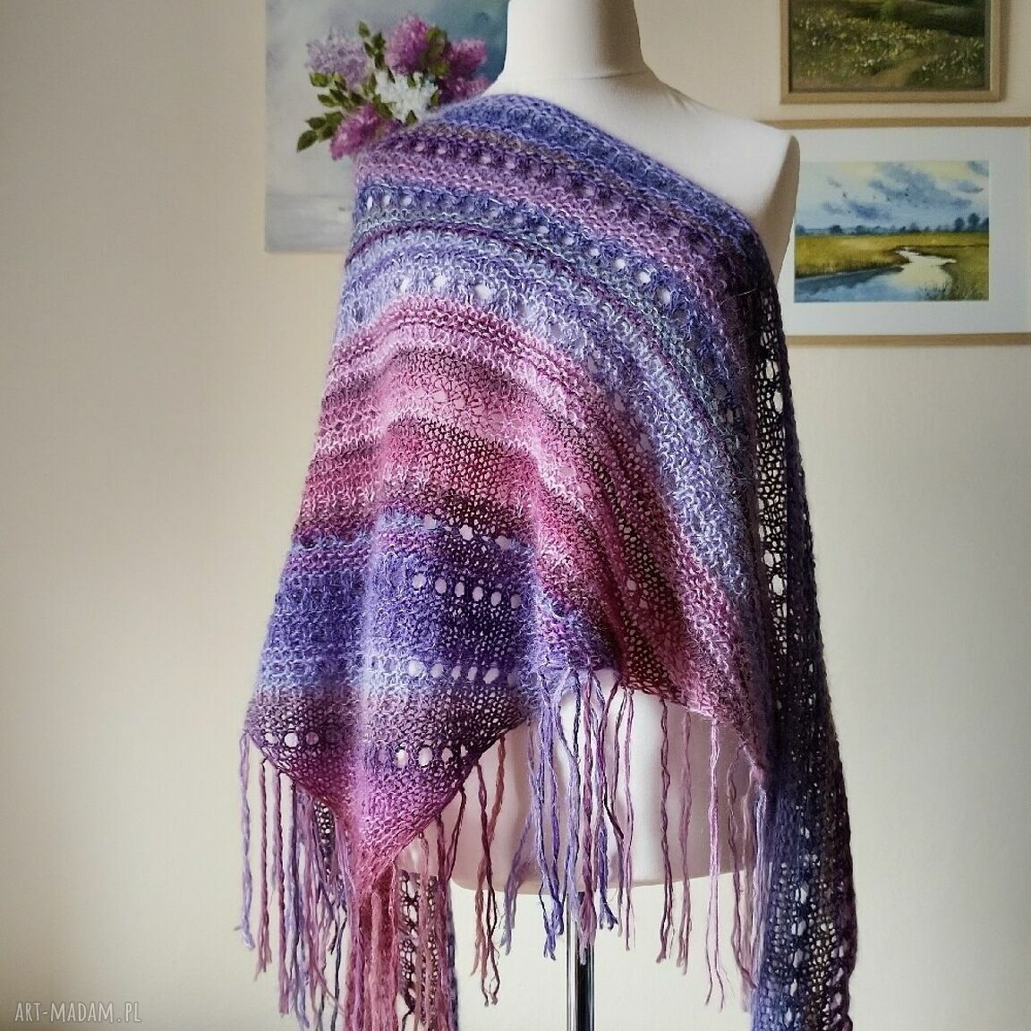 Ręcznie na drutach Boho z lawendą - miła, duża chusta ażurowa